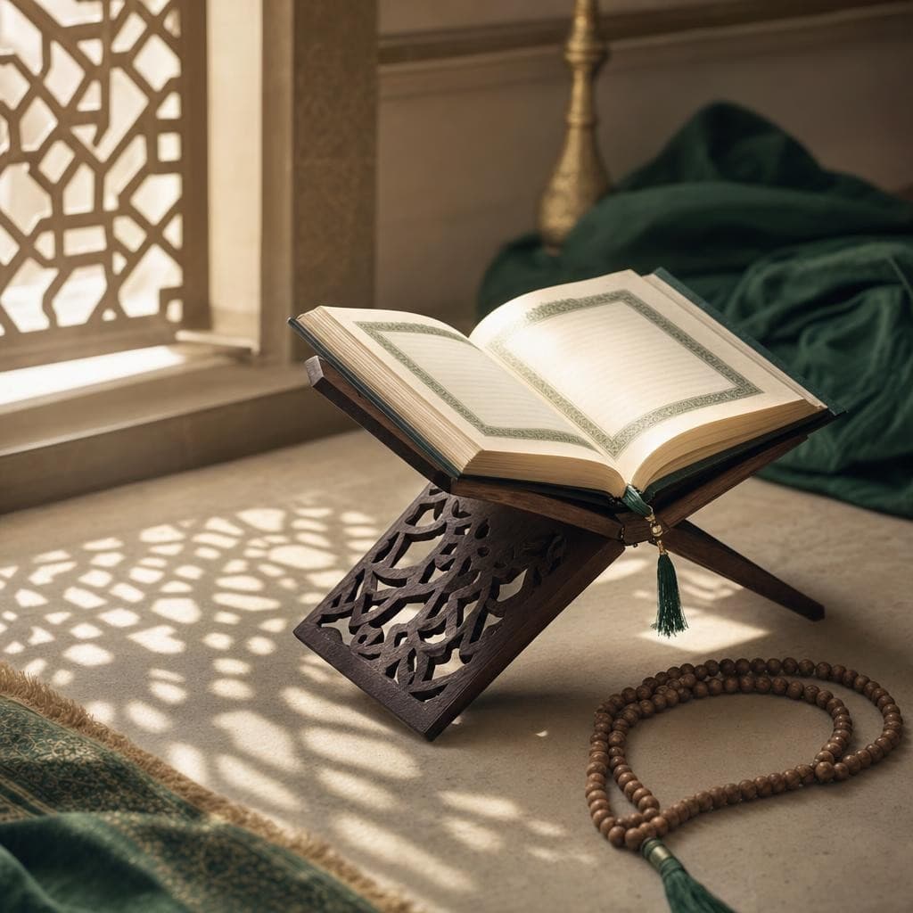 An open Qur'an on a carved wooden stand in soft window light