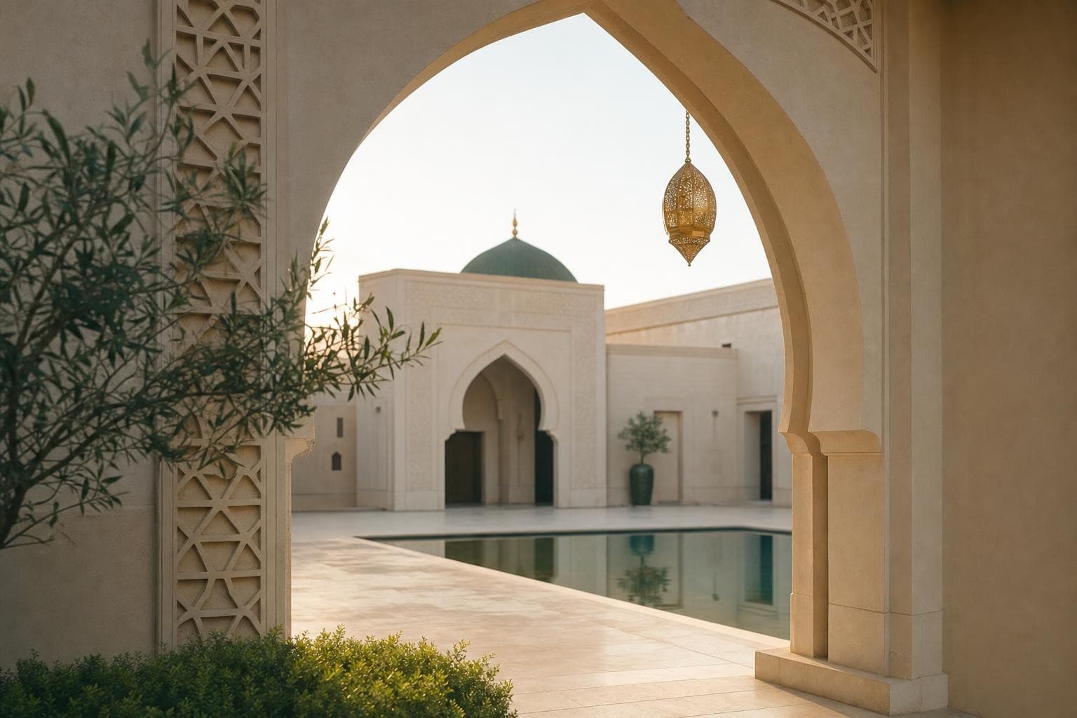 A serene mosque courtyard in warm morning light