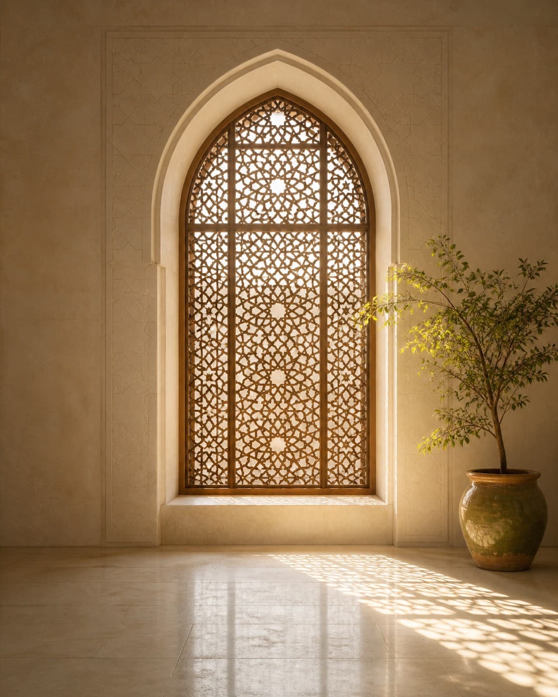 Soft daylight pouring through an Islamic arched window of intricate geometric latticework, falling onto a stone floor beside a potted plant.