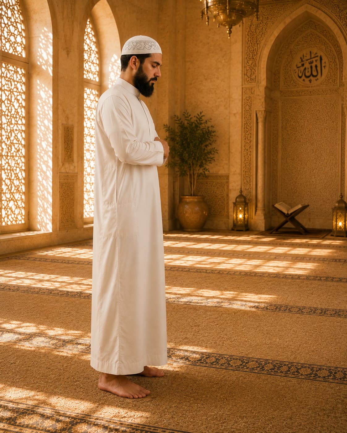 Standing in salah, hands folded over the chest.