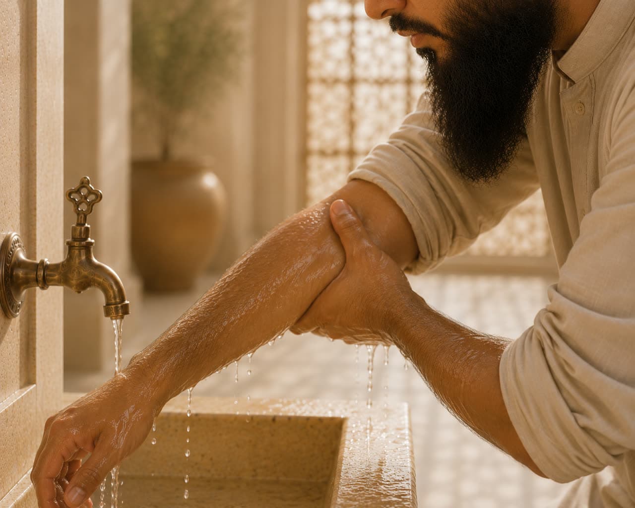 Wash your arms to the elbows, three times