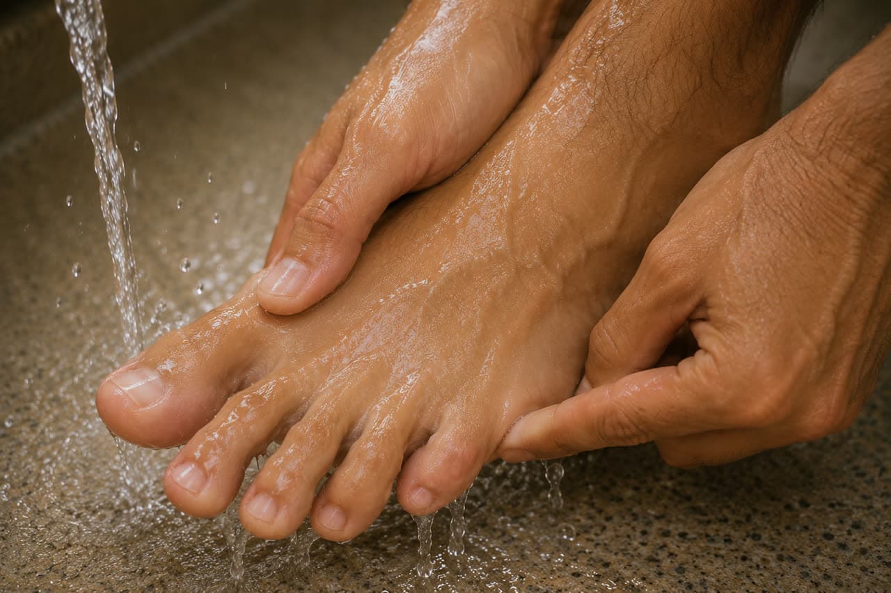 Wash your feet to the ankles, three times