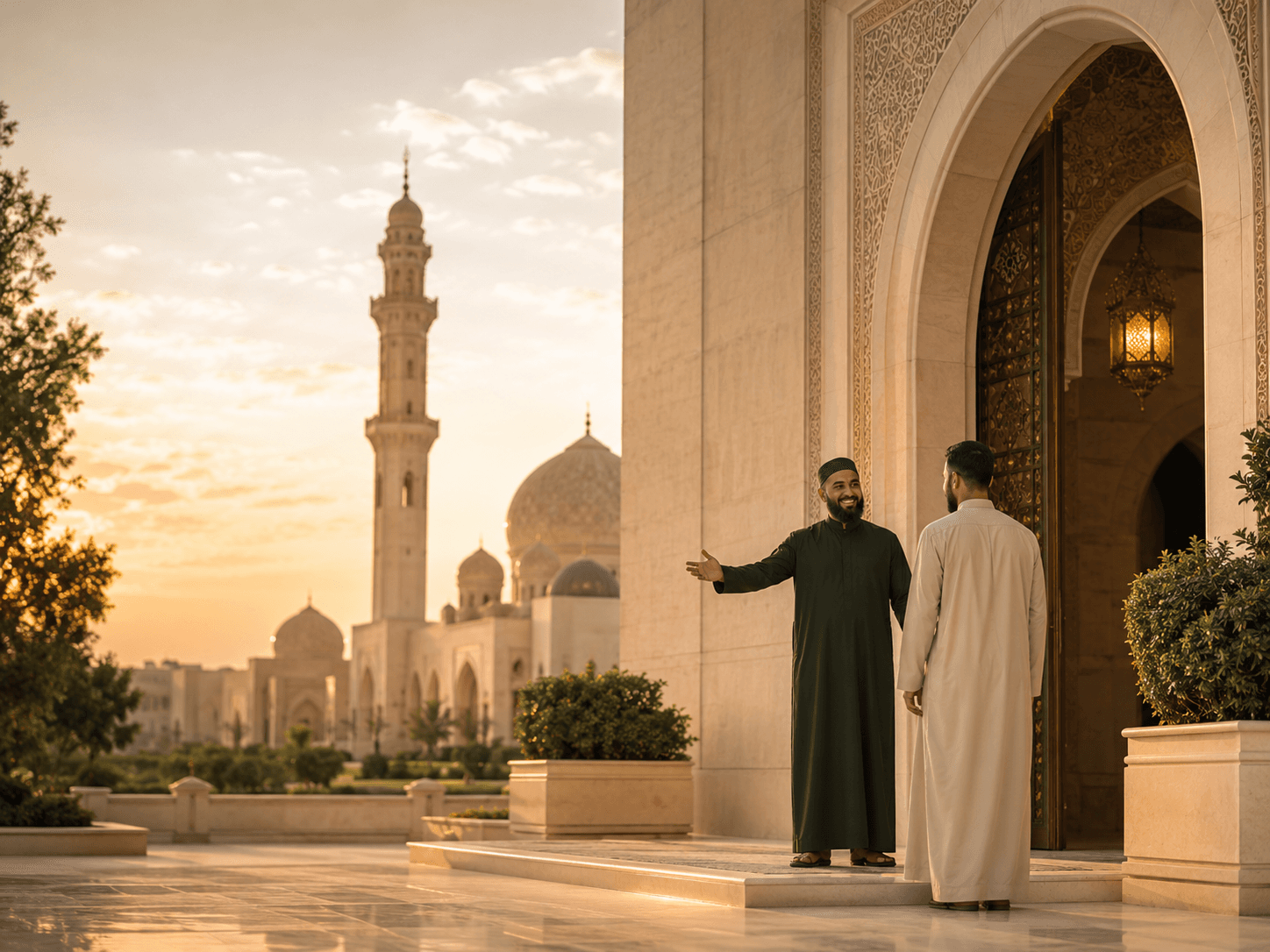 A welcoming mosque interior at maghrib — soft amber light, prayer rugs ready, archways receding into shadow.