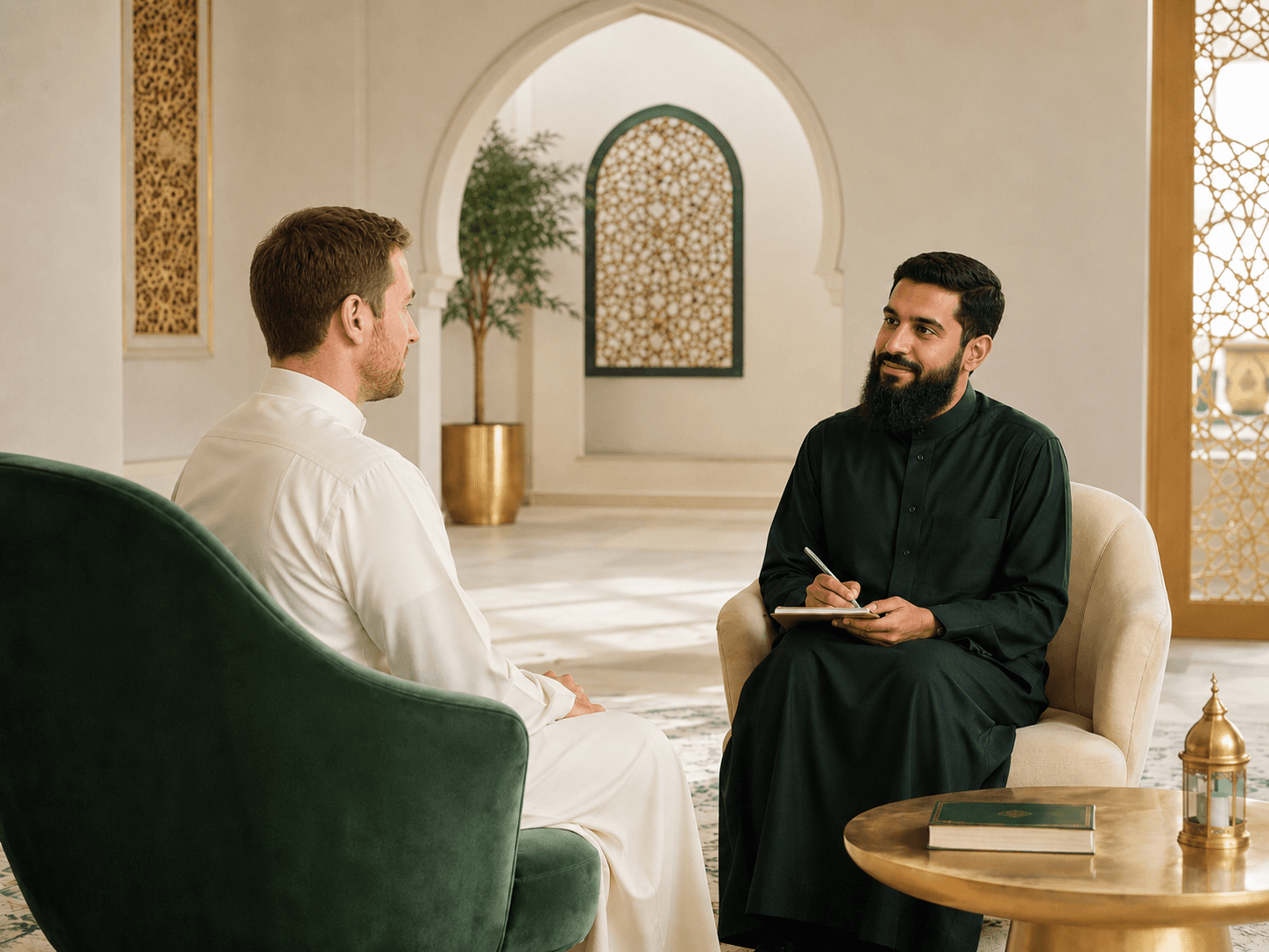 A new Muslim brother sitting with his mentor in a softly-lit mosque hall, both in thobes, the mentor taking notes during a quiet conversation.